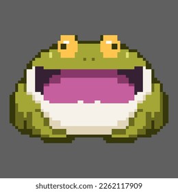 Vector cute green fat frog laughing pixel art style, perfect for stickers