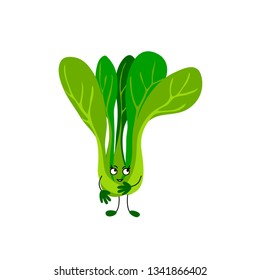 vector cute green vegetables salad face smile childish illustration on white card