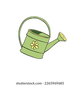 Vector cute green watering can with draw flower in hand drawn doodle flat style, isolated. Gardening equipment
