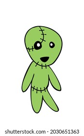 Vector cute green zombie in cartoon flat doodle style. Vector green icon, clipart isolated on white background. Theme of Happy Halloween, death, dead