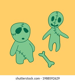 Vector cute green zombies in cartoon style. Outline color doodle illustration isolated. Halloween elements of design