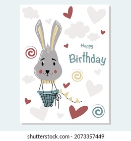 Vector cute greeting card for birhday with rabbit face air balloon and clouds, heart on white background