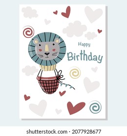 Vector tarjeta de saludo lindo para el cumpleaños con globo de aire de cara de león y nubes, corazón sobre fondo blanco