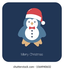 Vector cute  greeting card in blue colours with funny winter  penguin from South Pole in Santa hat ready for Christmas and new year celebration 