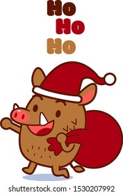 Vector cute greeting card of a boar Santa Claus carrying giant bag 