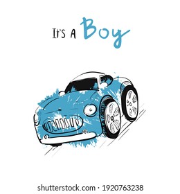 Vector cute greeting card. It's a boy. Blue car toy. Child style vector