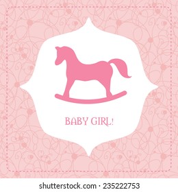 Vector cute greeting card. It's a boy card design. Vector illustration with cartoon rocking horse.