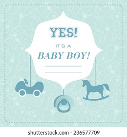 Vector cute greeting card. It's a boy card design. Vector illustration with cartoon horse.