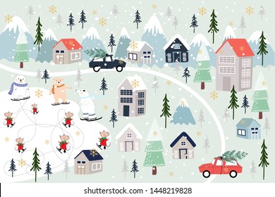 Vector Cute greeting card Christmas background, Winter landscape of wonderland with polar bear and rats playing ice skates for celebrating on Christmas Day,Cartoon illustration for Holiday background