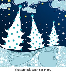 Vector cute greeting card - Christmas forest at night