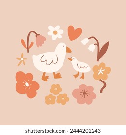 Vector cute greeting card design with white gooses and simple stylized flowers. Spring animal poster design. Mother day  illustration on pink background. Simple love illustration.