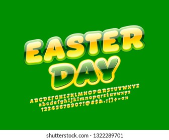 Vector cute Greeting Card Easter Day with glossy colorful Font. Bright Yellow and Green Alphabet Letters, Numbers and Symbols