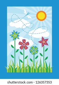 Vector cute greeting card with flowers and dragonfly