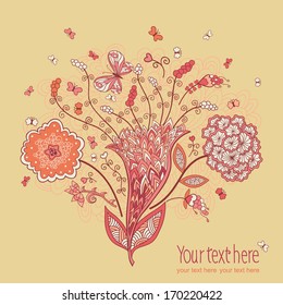 Vector cute greeting card with  hand-drawn flowers and butterflies. 