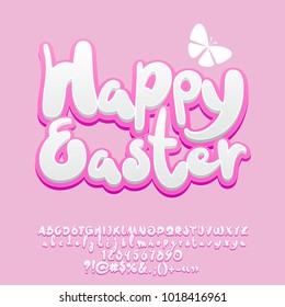 Vector cute Greeting Card Happy Easter with butterfly. Set of  Alphabet with pink Letters, Numbers and Symbols
