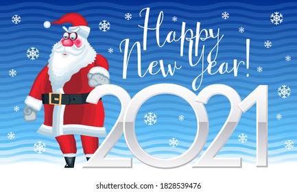Vector lindo tarjeta de saludo Feliz Año Nuevo 2021! Funny Santa Claus con fondo de nieve