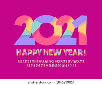 Vector cute greeting card Happy New Year 2021! Bright artistic Font. Colorful Alphabet Letters and Numbers set