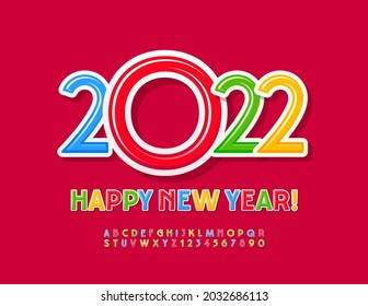 Vector lindo Tarjeta de felicitación Feliz Año Nuevo 2022! Fuente infantil colorida. Letras y números de alfabeto luminosos