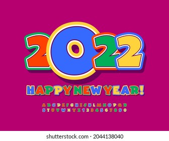 Vector cute greeting card Happy New Year 2022! Sticker playful Alphabet Letters and Numbers set. Colorful funny Font