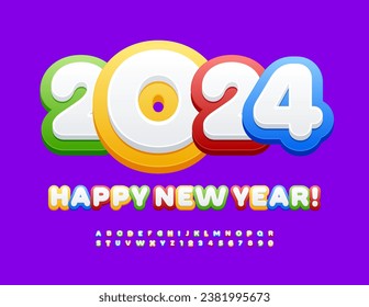 Vector cute Greeting Card Happy New Year 2024! Childish set of Alphabet Letters and Numbers. Colorful and White funny Font