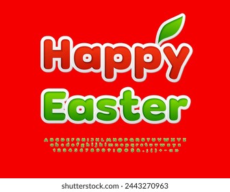 Vector cute Greeting Card Happy Easter. Green sticker Font. Artistic Alphabet Letters and Numbers.