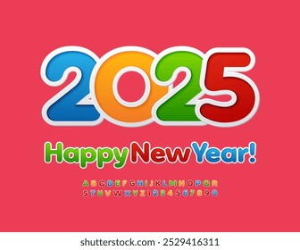 Tarjeta de felicitación linda del Vector Feliz año Nuevo 2025! Colorido sticker Font. Conjunto de letras y números de alfabeto brillante