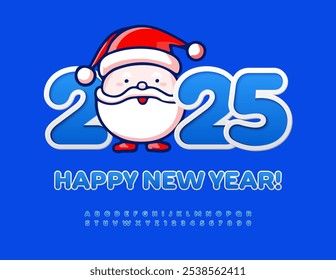 Vetor bonito cartão de saudação feliz ano novo 2025 com Papai Noel engraçado! Fonte azul criativa. Conjunto de letras e números do alfabeto de estilo adesivo.