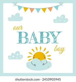 tarjeta de saludo vectorial lindo para un niño recién nacido con banderas y nubes graciosas 