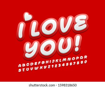 Vector cute Greeting Card I love you! Red and White bright Font. Stylish Alphabet Letters and Numbers.