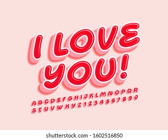 Vector cute Greeting Card I love you!  Bright Red 3D Font. Stylish Alphabet Letters and Numbers