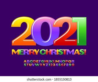 Vector cute greeting card Merry Christmas 2021! Sweet colorful Font. Bright glossy Alphabet Letters and Numbers set