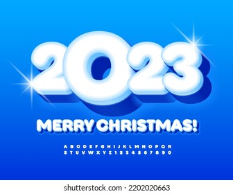Vector cute greeting card Merry Christmas 2023! Snow White Font. Glowing set of Alphabet Letters and Numbers