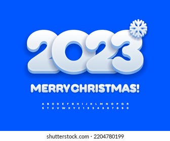 Vector lindo tarjeta de saludo Feliz Navidad 2023! Letra blanca de nieve. Conjunto de letras y números de alfabeto de estilo moderno
