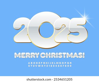 Vector cute Greeting Card Merry Christmas 2025! Elite White Font. Luxury Alphabet Letters and Numbers set.