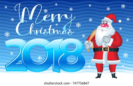Vector cute greeting card with snow and funny Santa Claus saying OK. Merry Christmas 2018 comic banner. Contains Graphic style