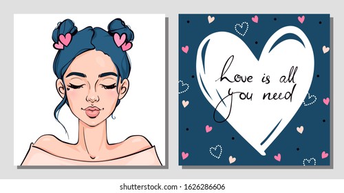 Vector cute greeting cards about love. Hand drawn pretty girl with blue hair and 'love is all you need' calligraphy.