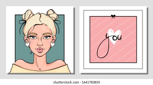 Vector cute greeting cards in pastel colors. Hand drawn pretty girl with two buns and heart earrings.