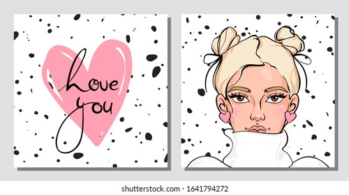 Vector cute greeting cards. A pretty girl with heart earrings and two buns hairstyle. 'Love you' calligraphy. Hand drawn illustration.