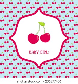 Vector lindo tarjeta de saludos con bayas de cerezas. Tarjeta de llegada o de ducha para bebé. Es un diseño de tarjetas de chica. 