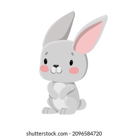 Vector Cute Grey Bunny Sitting Smiling. Cheerful Easter Rabbit For Spring Design. Chinese New Year Symbol. Happy Hare With Big Ears. Zoo Animal For Kids Design.