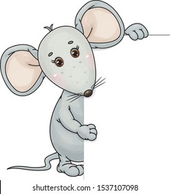 Vektor süß, graue Maus Cartoon versteckt sich hinter von leer, einzeln auf weiß.