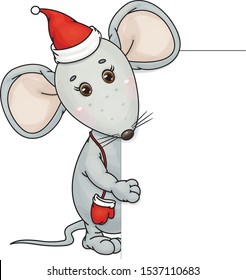 Vector cute, grey  mouse  cartoon in Christmas hat sitting behind by blank, isolated on white.