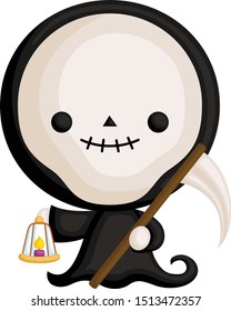 A Vector of Cute Grim Reaper Holding Lantern and Weapon