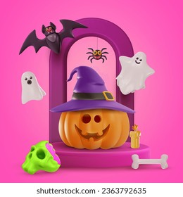 Vector cute halloween art composition in 3d cartoon style. Smile pumpkin on pink podium with skull, ghost and bat. Realistic funny holiday background. Festive concept art. Child bright illustration. 