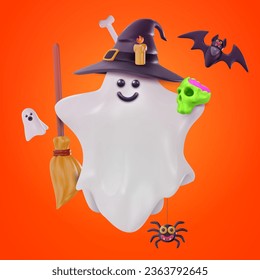 Vector cute halloween art composition in 3d cartoon style. White ghost in hat with skull and broom. Realistic funny holiday background. Festive concept art. Child bright illustration. 