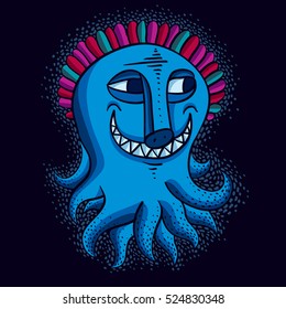 Vector cute Halloween character ogre, fictitious smiling funny creature. Cool illustration of freak blue monster.