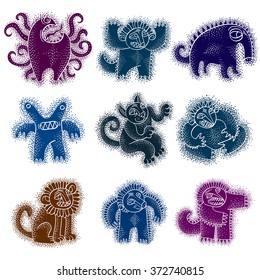 Vector cute Halloween character ogres, collection of freak monsters. Funny cat illustration for use in graphic design and as mascot. Sitting lion with teeth and beautiful mane