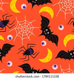 vector cute halloween character seamless pattern on orange
