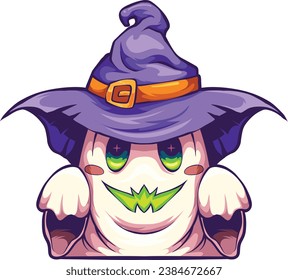Vector cute Halloween ghost with 
spooky witch hat