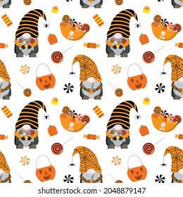 Vector cute Halloween gnomes, candies seamless pattern. Isolated on white background.